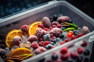 caixa do congeladas bagas e frutas generativo ai foto