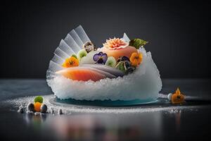 fracamente fatiado sashimi servido em uma cama do gelo fresco generativo ai foto
