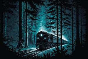 noite a trem ilumina a faróis do a floresta panorama ilustração generativo ai foto