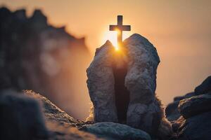 uma pedra Cruz em uma Rocha e a raios do a sol, conceito fé dentro Deus generativo ai foto