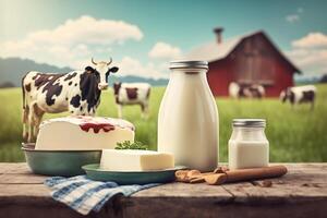 laticínios leite produtos em a fundo do uma verde Prado com vacas generativo ai foto