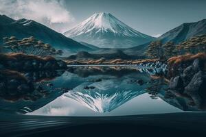 Claro espelho lago e Nevado montanha panorama generativo ai foto