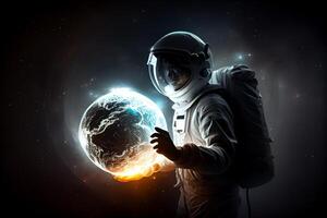 astronauta dentro uma traje espacial segurando a planeta abstração arte ilustração generativo ai foto