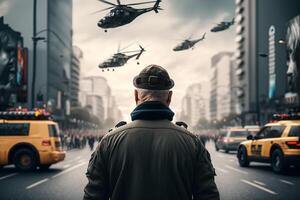 pessoas assistindo a preparativos para militares açao helicópteros dentro a cidade ilustração generativo ai foto