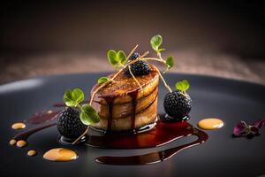 queimado foie gras servido com uma FIG redução e bálsamo generativo ai foto