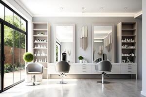 branco luz beleza salão quarto com poltronas e espelhos generativo ai foto