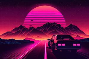 Novo retrowave roxa fundo com falha efeito, moderno pano de fundo projeto, generativo ai foto