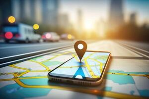 ai gerado ponto em Smartphone com GPS navegador ícone e mapa em borrão tráfego estrada abstrato fundo foto