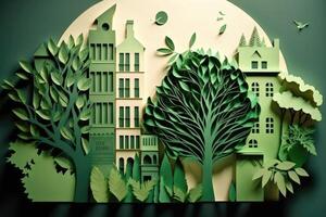 ai gerado verde folha com árvores e cidade construção silhueta. a preservação do ecologia. verde cidade ou verde Cidade conceito. papel arte. foto