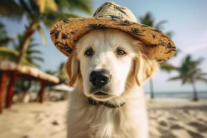 dourado retriever em a de praia. generativo ai. foto