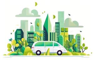 verde ecologia cidade com meio Ambiente carro. Salve  a mundo e energia conceito. ilustração dentro plano estilo moderno Projeto. generativo ai. foto