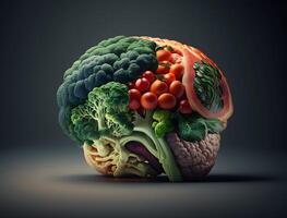 humano cérebro é fez do vários legumes. nutrição para uma saudável cérebro. papel de parede, ai gerado foto