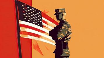 ilustração do EUA exército soldado com nação bandeira. cumprimento cartão para veteranos dia , memorial dia, independência dia . América celebração. generativo ai. foto