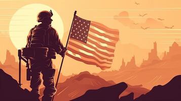 ilustração do EUA exército soldado com nação bandeira. cumprimento cartão para veteranos dia , memorial dia, independência dia . América celebração. generativo ai. foto