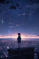 ilustração do uma menina em pé sobre a cidade e olhando às a lua e estrelas sobre a cidade horizonte. generativo ai. foto