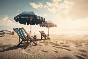 de praia cadeiras em a branco areia de praia com nublado azul céu e Sol. cadeiras e guarda-chuva em uma lindo tropical de praia. generativo ai. foto
