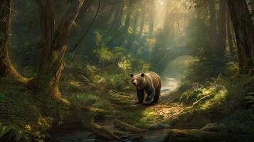 Urso caminhando sozinho em a Relva campo. Urso caminhando através a floresta. generativo ai. foto