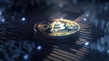 ouro moeda bitcoin em uma Preto fundo. a conceito do criptomoeda. blockchain tecnologia. misturado meios de comunicação. generativo ai. foto