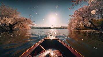 turistas remo barcos em uma lago debaixo lindo cereja Flor árvores generativo ai. foto