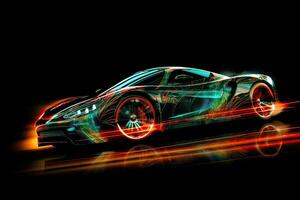 futurista Esportes carro em néon autoestrada. poderoso aceleração do uma Super-carro em uma noite rastrear com colorida luzes e trilhas. 3d ilustração. generativo ai. foto