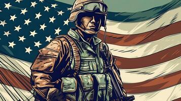 projeto do EUA exército soldado com nação bandeira. cumprimento cartão para veteranos dia , memorial dia, independência dia . América celebração. generativo ai. foto