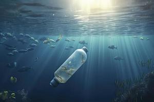 plástico garrafa flutuando dentro oceano com aquático animal, peixe. poluição do plástico e lixo dentro aberto mar conceito foto