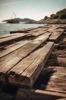 velho de madeira cais em a de praia às pôr do sol. seletivo foco foto