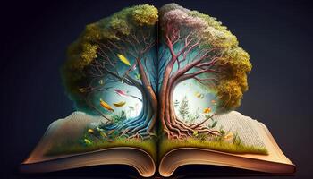 plantio semente árvore do conhecimento e sabedoria dentro a abertura livro, generativo ai foto