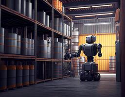 robô Centro do logístico armazenamento, robô braço com caixa trabalhando dentro a material industrial.generativo ai foto