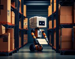 robô desenho animado estilo Centro do logístico armazenamento, robô braço com caixa trabalhando dentro a material industrial.generativo ai foto