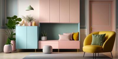 moderno de madeira vivo quarto poltrona em esvaziar pastel colori parede fundo. minimalista interior Projeto. generativo ai. foto