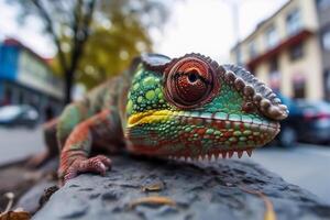 camaleão fechar-se retrato com peixe olho lente efeito em a cidade estrada. fechar acima cidade rua, animal retrato, camuflar animal. foto