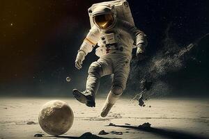 astronauta jogando futebol dentro esvaziar espaço. generativo ai ilustração foto