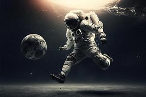 astronauta jogando futebol dentro esvaziar espaço. generativo ai ilustração foto