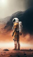 astronauta dentro deserta terra. espaço viagem e exploração conceito. generativo ai ilustração. foto