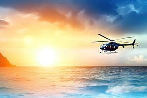 procurar e resgate Operação dentro mar. emergência resgate helicóptero moscas sobre mar superfície, olhando para vítimas depois de colidir. criada com generativo ai foto