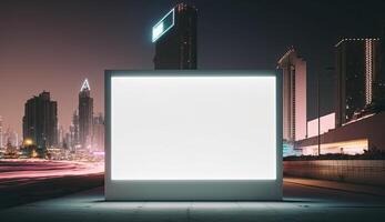 futurista cidade com branco em branco Painel publicitário, noite Visão foto