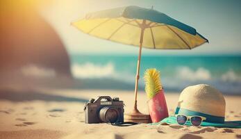 tropical de praia com banhos de sol acessórios, oculos de sol, verão feriado conceito fundo foto