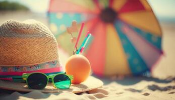 tropical de praia com banhos de sol acessórios, oculos de sol, verão feriado conceito fundo foto