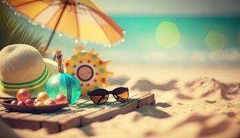 tropical de praia com banhos de sol acessórios, oculos de sol, verão feriado conceito fundo foto