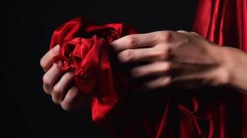 vermelho seda vestir dentro masculino mãos generativo ai foto