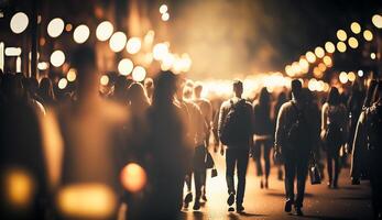 multidão do pessoas caminhando dentro a rua com suave bokeh, velozes comovente dentro cidade, generativo ai foto