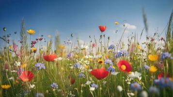 colorida flores dentro uma Prado em uma ensolarado verão dia, lindo Prado com papoilas e de outros flores silvestres foto