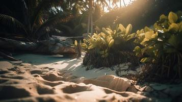 tropical de praia com Palma árvores e areia dunas às pôr do sol, azul mar foto