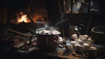 quente chocolate com marshmallows dentro frente do uma lareira dentro inverno foto