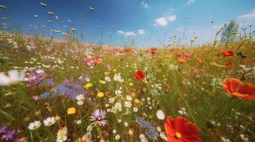 colorida flores dentro uma Prado em uma ensolarado verão dia, lindo Prado com papoilas e de outros flores silvestres foto