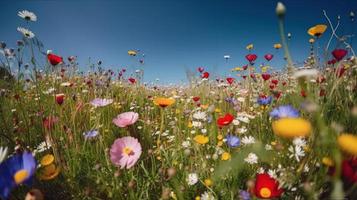 colorida flores dentro uma Prado em uma ensolarado verão dia, lindo Prado com papoilas e de outros flores silvestres foto