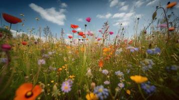 colorida flores dentro uma Prado em uma ensolarado verão dia, lindo Prado com papoilas e de outros flores silvestres foto