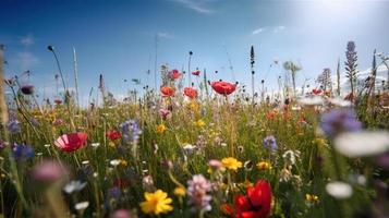 colorida flores dentro uma Prado em uma ensolarado verão dia, lindo Prado com papoilas e de outros flores silvestres foto