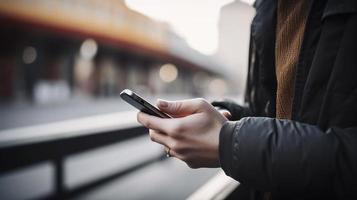 fechar acima do uma homem usando Móvel inteligente telefone dentro a cidade foto